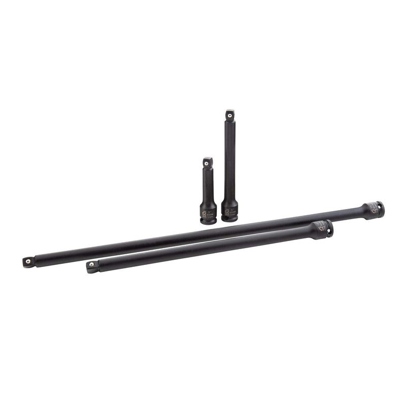 SUNEX TOOLS 3504, 3/8 Inch Drive Impact Extension Set, 4 Pieces, SAE, 3" to 15", Cr-Mo Steel, Radius Corner Design, Wobble Drive, Steel Ball Retainer, Dual Size Markings, Storage Tray