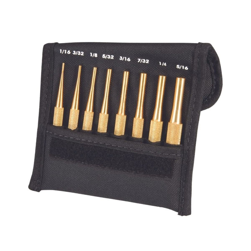 Starrett Brass Drive Pin Punch Set, 4" Length, 1/16"-5/16" Dia, 8 Pieces | With Knurled Grip in Protective Fabric Pouch, Non-Sparking, Sizes Clearly Mark on the Head, Made of Brass - SB565Z