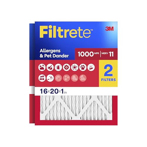 Filtrete 16x20x1 Air Filter, MERV 11, MPR 1000, Allergens & Pet Dander, 3-Month AC and Furnace Filters, Cleaner Air, Reliable Airflow, 2 HVAC Filters (Actual Size 15.68 x 19.68 x 0.81 in)