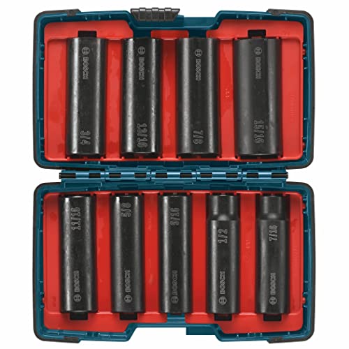 BOSCH 27286 1/2 In. Shank 9-Piece Assorted Set with Brute Tough Case Impact Tough Deep Well Sockets for Applications in High Torque Driving and Fastening