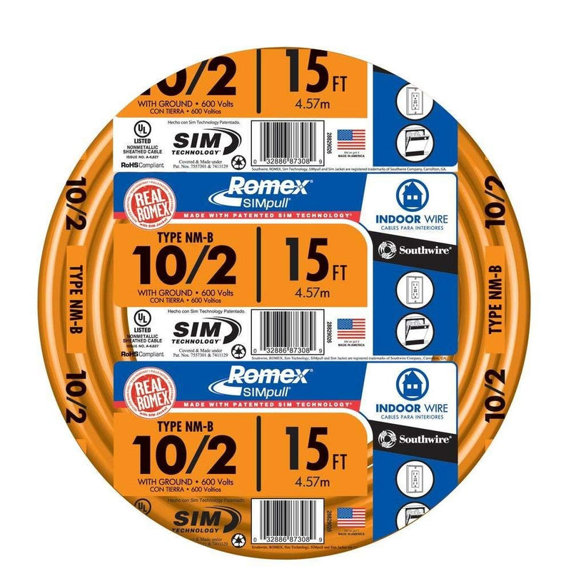 Southwire 28829026 10/2 Awg Romex Simpull 15' Nm-B Cable With Ground 15 Feet