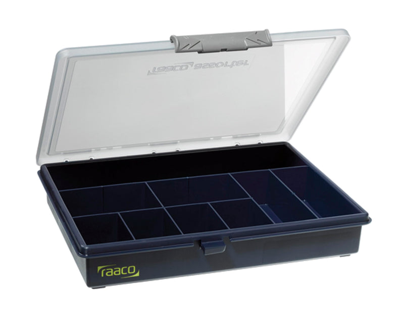 Raaco Assorter Tool Box Organizer – Medium – 9 Slots Fixed Grid with Semi-Transparent Lid, Polypropylene (PP) Storage Box for Screws, Nuts and Bolts, Small Parts & Hardware (Assorter 5-9) Medium –9 Slots