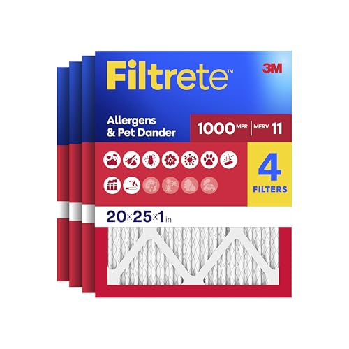 Filtrete 20x25x1 Air Filter, MERV 11, MPR 1000, Allergens & Pet Dander, 3-Month AC and Furnace Filters, Cleaner Air, Reliable Airflow, 4 HVAC Filters (Actual Size 19.68 x 24.68 x 0.81 in)