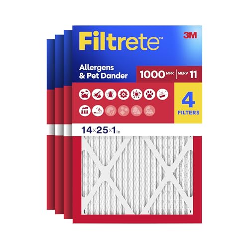 Filtrete 14x25x1 Air Filter, MERV 11, MPR 1000, Allergens & Pet Dander, 3-Month AC and Furnace Filters, Cleaner Air, Reliable Airflow, 4 HVAC Filters (Actual Size 13.68 x 24.68 x 0.81 in)