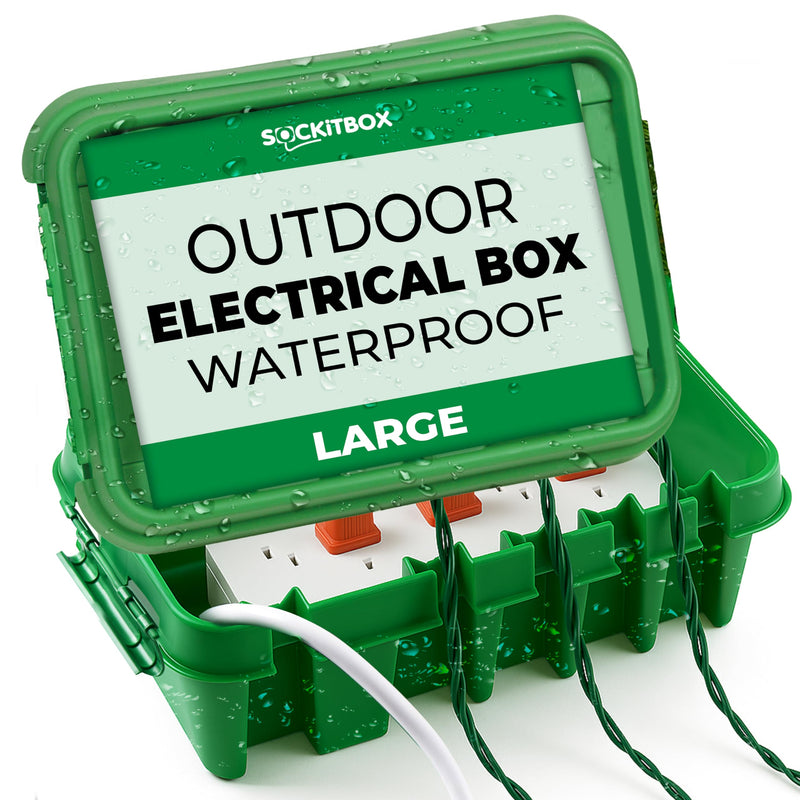SockitBox – The Original Weatherproof Connection Box – Indoor & Outdoor Electrical Power Cord Enclosure for Timers, Extension Cables, Reels, Transformers, Power Strips, Lights & Tools – Large – Green