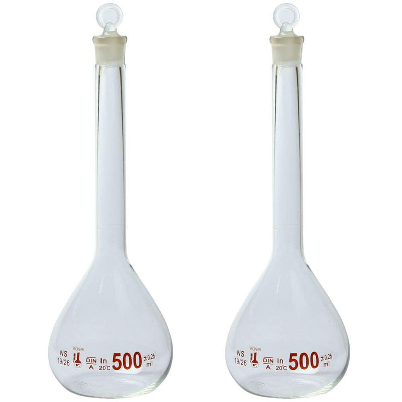 500ml Volumetric Flask, 3.3 Boro Glass, Class A, Ground Stopper, Karter Scientific 213W7 (Pack of 2) 500ml Pack of 2