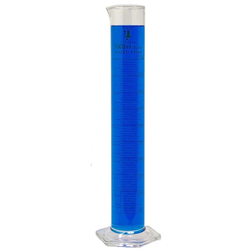 1000ml Graduated Cylinder, 3.3 Borosilicate Glass, Single Metric Scale, Karter Scientific 213I15 (Single) 1000ml Pack of 1