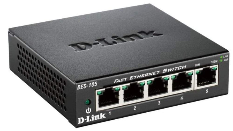 D-Link DES-105/B, Fast Ethernet Switch, 5 Port Unmanaged 10/100 Metal Fanless Desktop or Wall Mount Design Compact 5-Port Switch