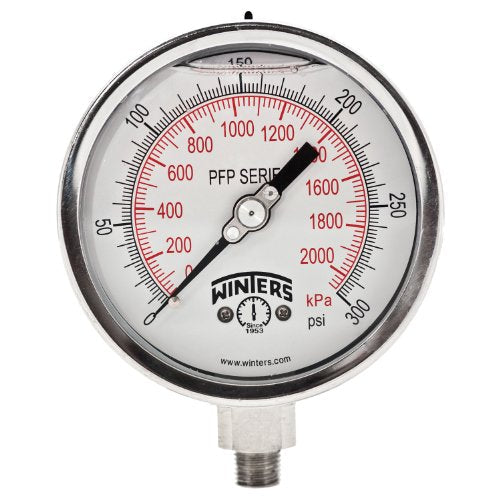 Winters PFP Series Premium Stainless Steel 304 Dual Scale Liquid Filled Pressure Gauge, 0-300 psi/kpa, 4" Dial Display, +/-1% Accuracy, 1/4" NPT Bottom Mount