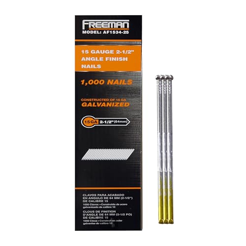 Freeman Angled Finish Nails | 34 Degree | 15 Gauge | 2-1/2" | Tape Collated | Galvanized Steel | 1000 Count | Trim, Baseboards, Moulding, Cabinetry, Furniture, Door and Window Casing | AF1534-25 15-Gauge 2-1/2"