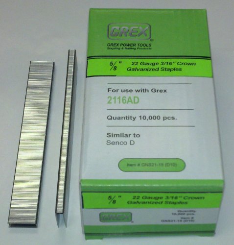Grex GNS21-15(D10) 22 Gauge 3/16" Crown 5/8"Long, Galvanized Staples, 10,000/BX