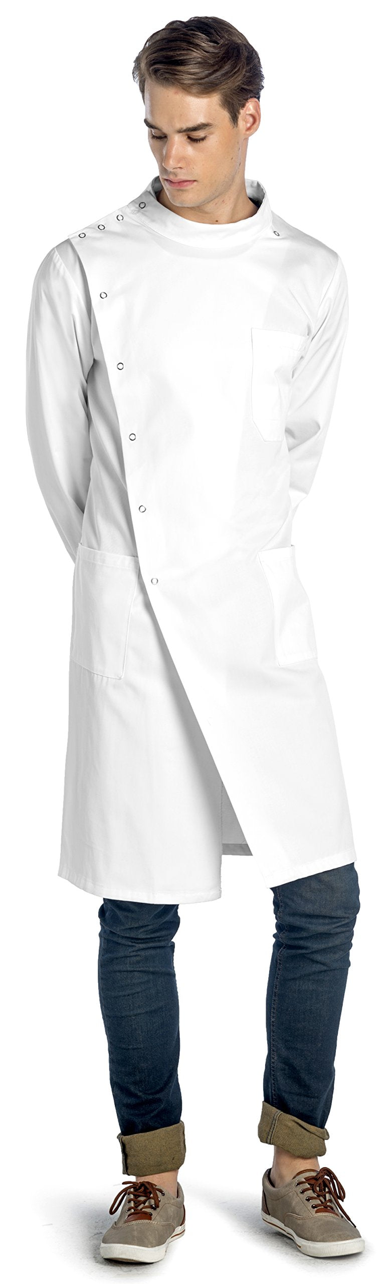 Dr. James Unisex Howie Style Lab Coat – White Medical Coat, Classic Fit, Cuffed Sleeves, Snap Closure, Full Coverage Design L (Men L / Women XL)