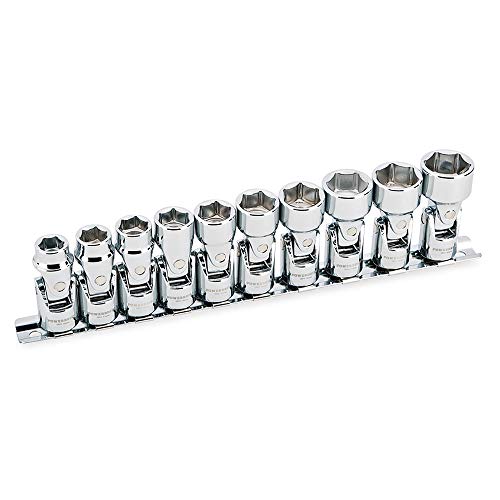 Powerbuilt 10 Piece 3/8 Inch Drive Metric Universal 6 Point Socket Set, 10–19 mm, Chrome Vanadium Steel, Mirror Polish, Z-Drive Grip, Easy Read Markings, Socket Rail – 641715