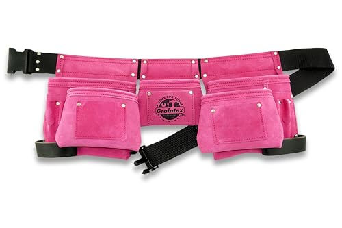 Graintex DS1118 8 Pocket Pink Tool Belt in Suede Leather with 2” Webbing Belt, 2 Leather Hammer Holders Loops 1