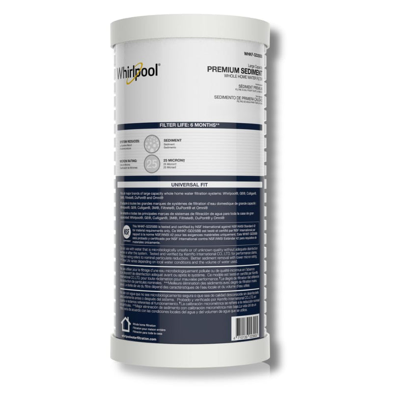 Whirlpool 10" x 4.5" Whole House Large Capacity Sediment Filter WHKF-GD25BB, NSF Certified 25 Micron Filtration, 6-Month Life, Replacement Cartridge Fits Most Home Standard Filter Housings Sediment (1-pack)