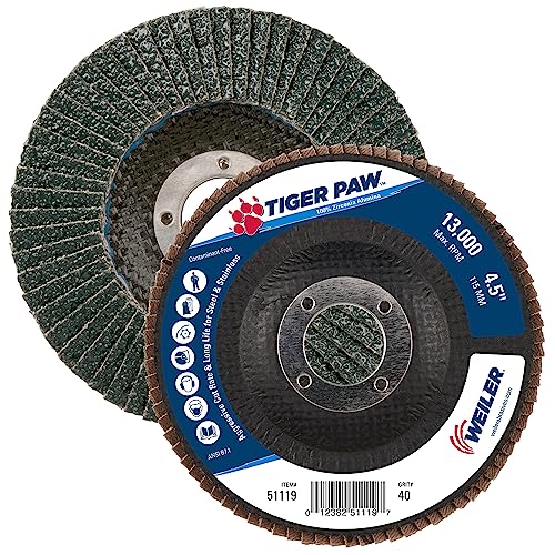 Weiler 51119 4-1/2" Tiger Paw Abrasive Flap Disc, Angled (Ty29), Phenolic Backing, 40Z, 7/8" Arbor Hole (Pack of 10) Performance Steel / Metal 40 Grit