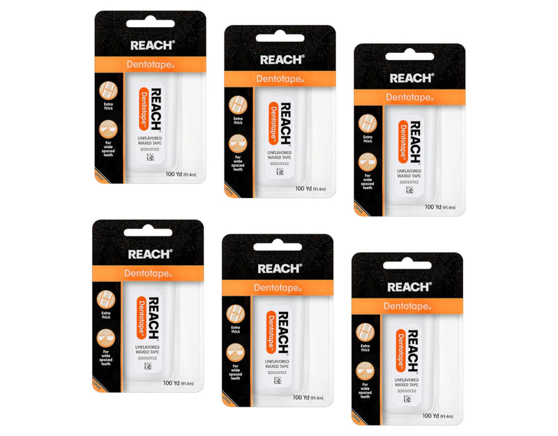 Reach Dentotape Waxed Dental Floss with Extra Wide Cleaning Surface for Large Spaces between Teeth, Unflavored, 100 Yards(6pk)