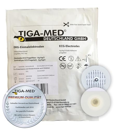 TIGA-MED Disposable ECG Electrodes - Liquid Gel/Wet Gel, Diameter 48 mm - Pack of 120 (4 x 30) - Standardised Connection - Made in EU - Strong Adhesion