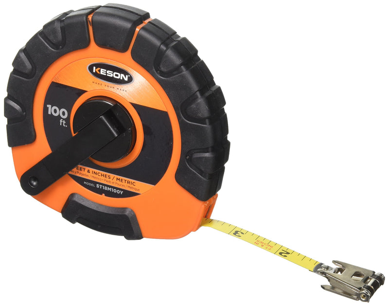 Keson 100 ft/30m Tape Measure, 3/8 in Blade ST18M100Y - 1 Each 30.5 m ft, in, 1/8 & m, cm, 2mm
