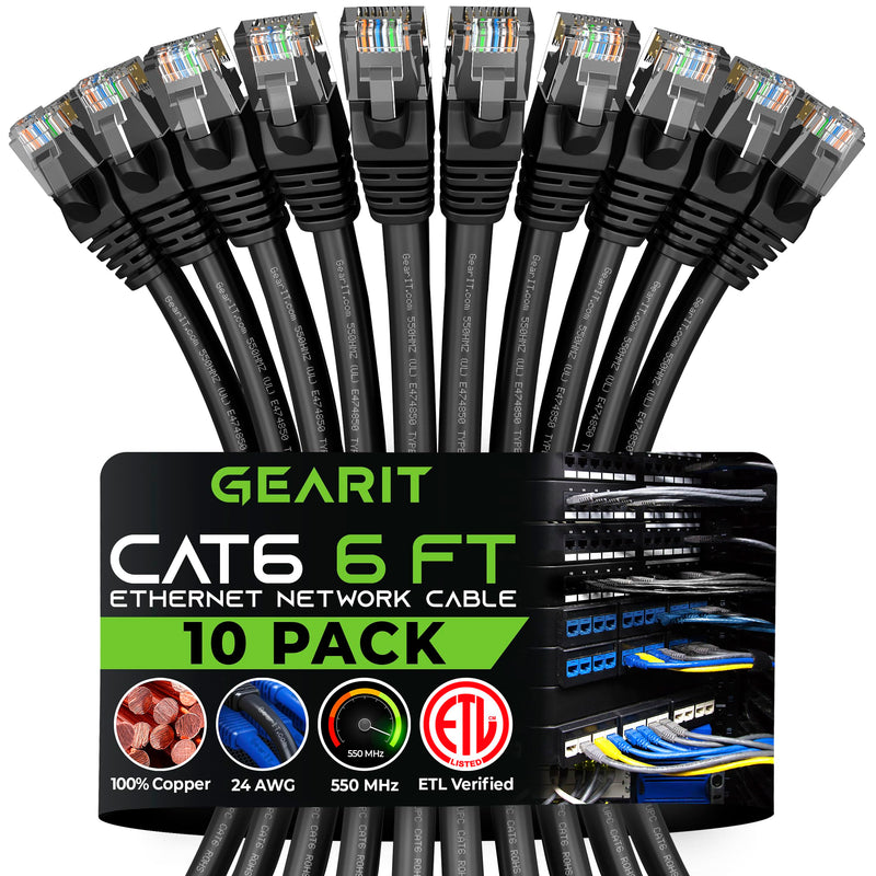 GearIT 6 ft Cat6 Ethernet Patch Cable (10-Pack) - Compatible With Computers and Networks, Black 6 Feet