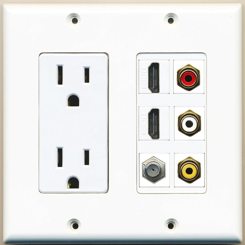 RiteAV - 2 x 15 Amp 125V Power Outlet 3 x RCA - 2 X HDMI and 1 x Coax Cable TV Port Wall Plate White Standard Power Outlet