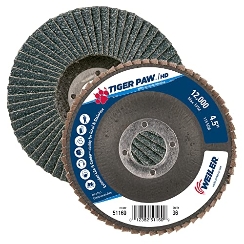 Weiler 51160 Tiger Paw XHD Super High Density Abrasive Flap Disc, Type 27 Flat Style, Phenolic Backing, Zirconia Alumina, 4-1/2" Diameter, 7/8" Arbor, 36 Grit, 12000 RPM (Pack of 10) Performance Steel / Metal