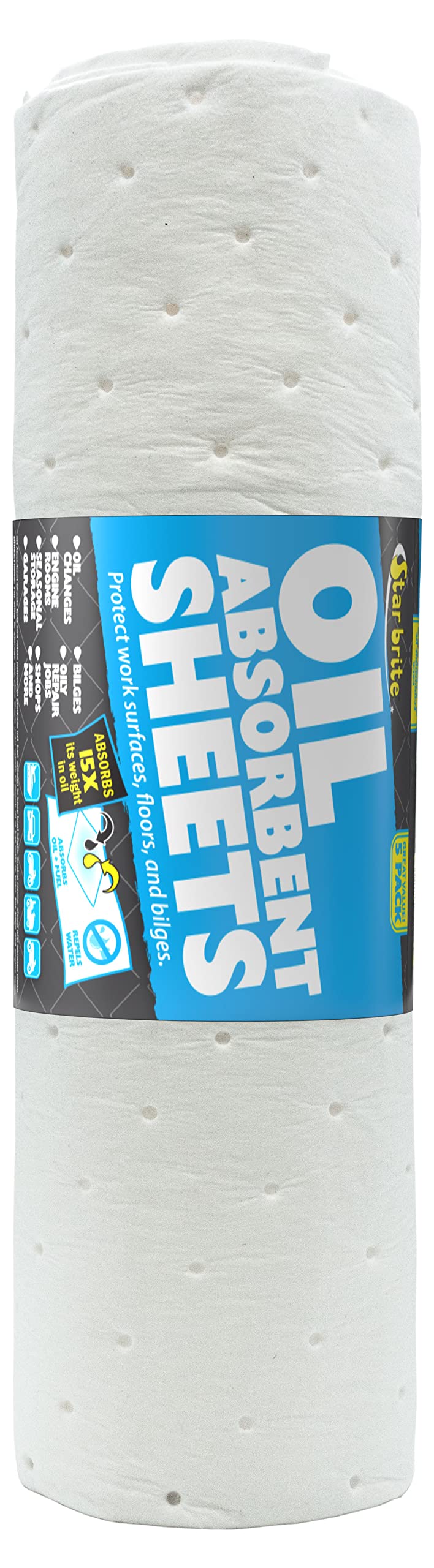 STAR BRITE High-Efficiency Oil Absorbent Sheets - Fuel and Grease Spill Cleaner for Shops, Boats, Engine Rooms - Reusable, Water-Resistant, Easy Disposal - Essential for Mechanics Workshops & Marinas 5 Pack