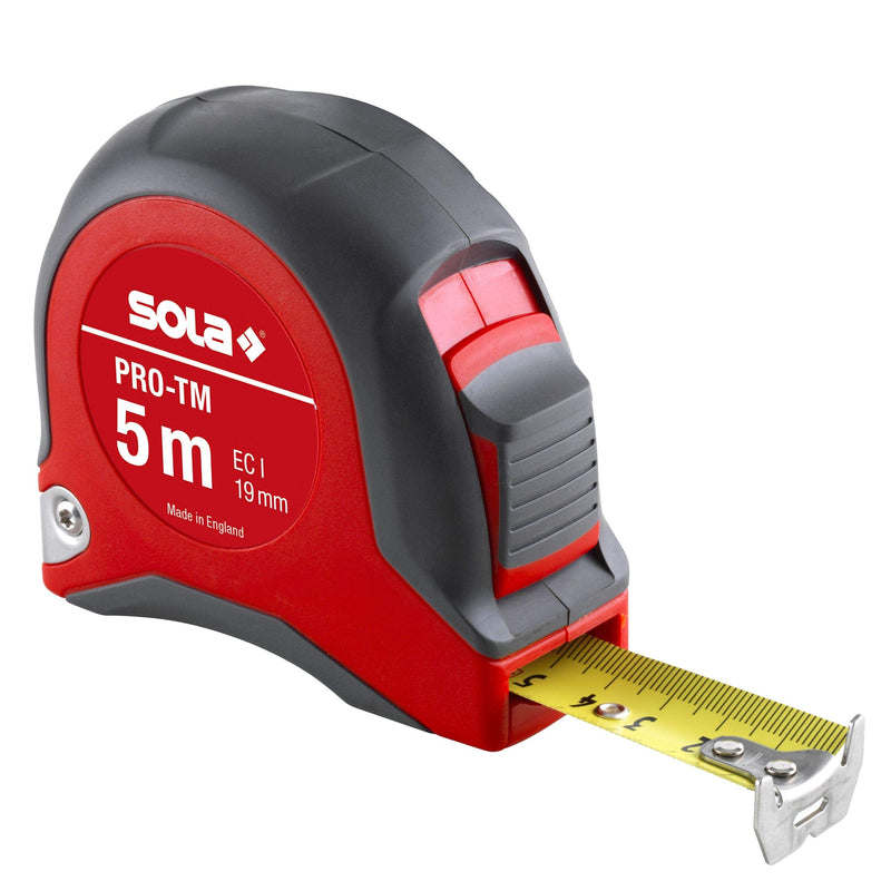 SOLA PRO-TM Tape Measure 5 m / 19 mm Robust Professional Tape Measure with Belt Clip Steel Tape Painted Yellow with mm Scale Accuracy Class I Roll Meter with Movable End Hook Length 5 m / 19 mm