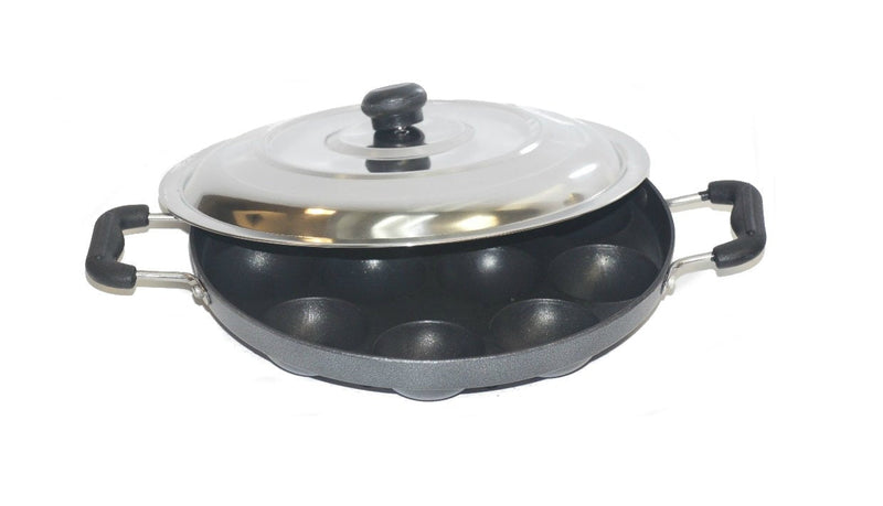 Tabakh AppamPatra Paniyaram Non Stick Appam Pan with Stainless Steel Lid, 9.5"