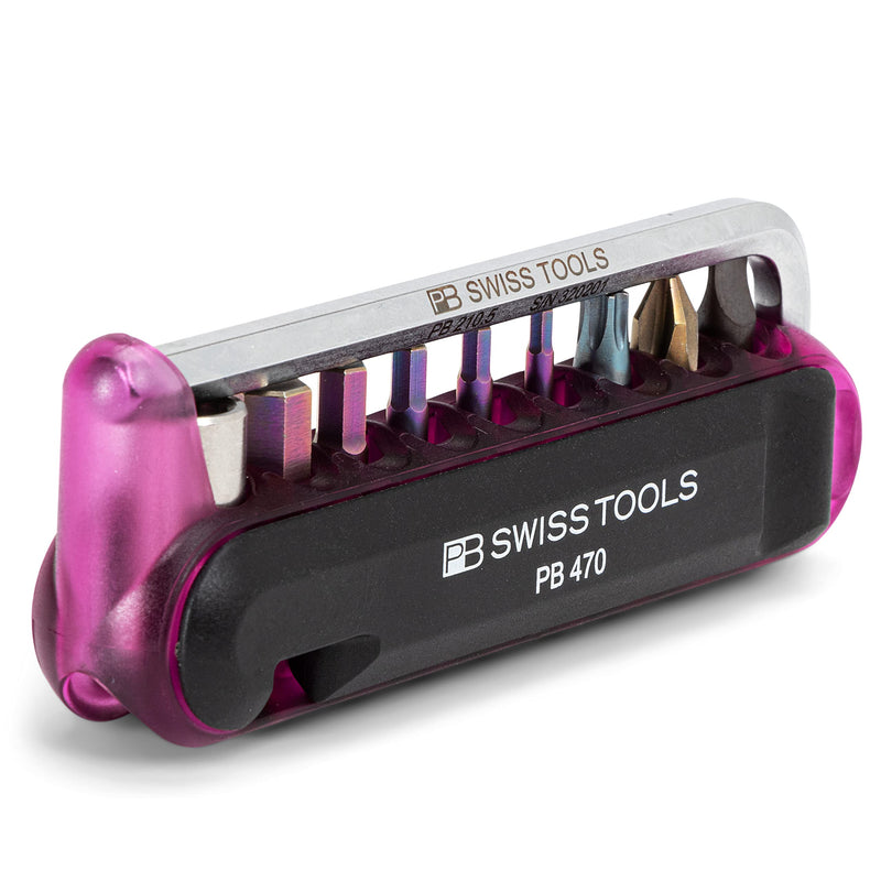 PB Swiss Tools Bike Multitool PB 470 | 100% Swiss Made | Pocket Tool with Bits, Allen Key, Steel Adapter, Tire Lever for Mountain and Road Bike, Bicycle, E-Bike (Purple) Purple