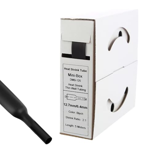 Offgridtec 5 m Heat Shrink Tube with Adhesive, 12.7 mm > 6.4 mm Shrink Rate, Dual Wall, Halogen-Free, Flame Retardant, Waterproof Cable Insulation, Easy to Cut, Includes Dispenser Box, Black 12,7mm > 6,4mm