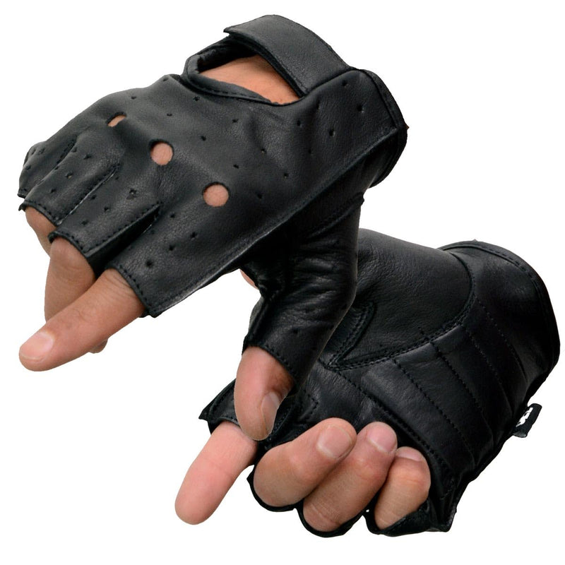 Milwaukee Leather SH195 Men's Black Leather Perforated Gel Padded Palm Fingerless Motorcycle Hand Gloves W/ ‘Open Knuckle’ Large