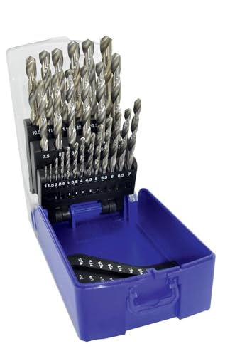 TIVOLY - 25-Piece Metal Drill Bit Set HSS Ground - Drilling Standard Steels - Self-Centering Tip - Ø1/25 to Ø17/32 in 1/50" increments 25pcs (Ø1-13 mm)
