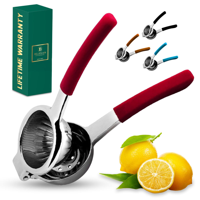 Bellemain Citrus Juicer | Metal Lemon Squeezer | Lime and Lemon Juicer Stainless Steel with Silicone Handles | Manual Juicer, Citrus Squeezer, Hand Held Juicer | Bar Juicer for Bartender Accessories Red