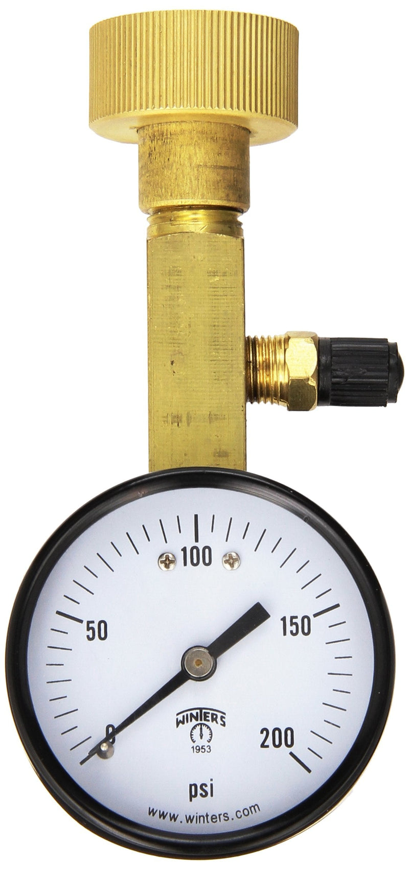 Winters AOM-204TM Air Over Water Test Gauge, 1/4" NPT Top Mount with 3/4" Female Hose Connection, 2" Dial, 0-200 PSI Input Range