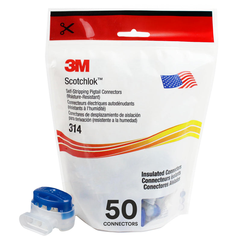 3M Scotchlok Electrical IDC (Insulation Displacement Connector) 314-BOX, Pigtail, Self-Stripping, Moisture-Resistant, Blue, 22-14 AWG (solid/stranded), Pack of 50