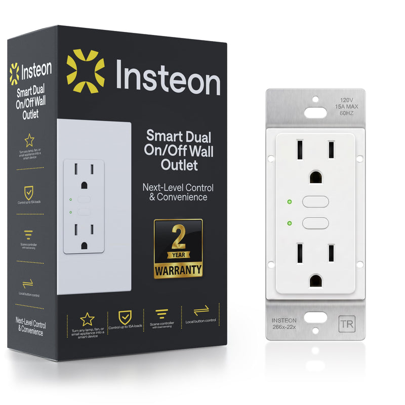 Insteon Dual Smart Outlet, in-Wall Smart Receptacle with Top & Bottom On/Off Switch, Load Sensing, 15A, Dual-Band Technology, Works with Alexa & Google Home, Hub Required - 2663-222