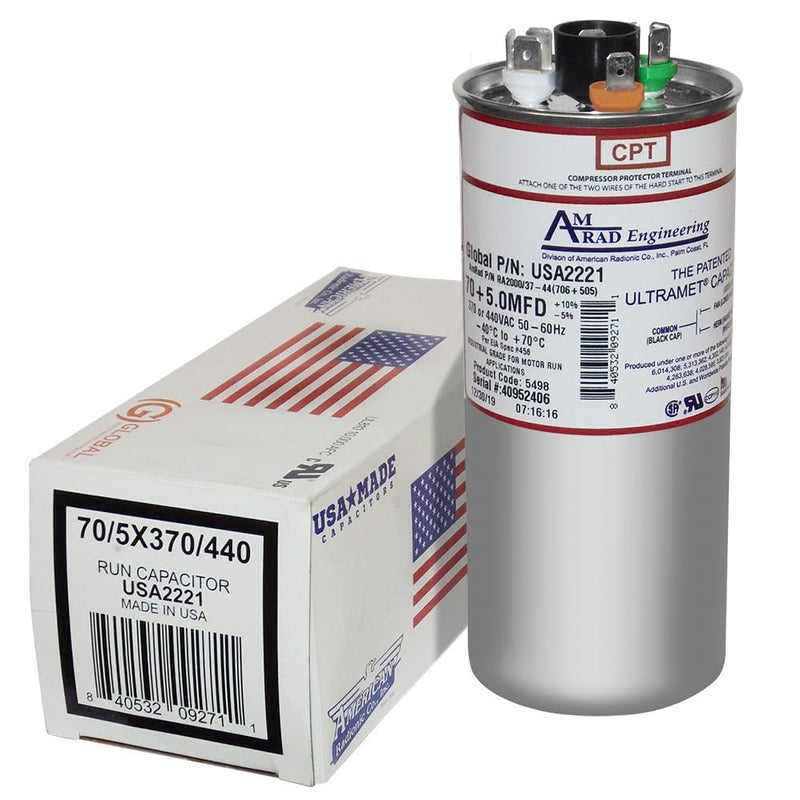Goodman CAP050700440CT Replacement - 70 + 5 uf/Mfd 370/440 VAC AmRad Round Dual Universal Capacitor, Made in The U.S.A.