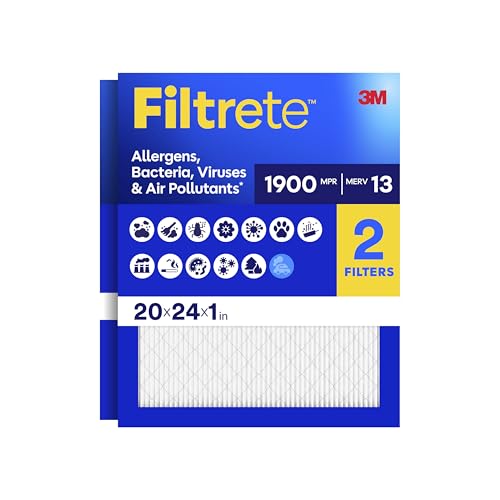Filtrete 20x24x1 Air Filter, MERV 13 MPR 1900, Allergens, Bacteria, Viruses & Air Pollutants, 3-Month AC/Furnace Filters, Cleaner Air Reliable Airflow, 2 HVAC Filters(Act Size 19.81x23.81x0.78 in)