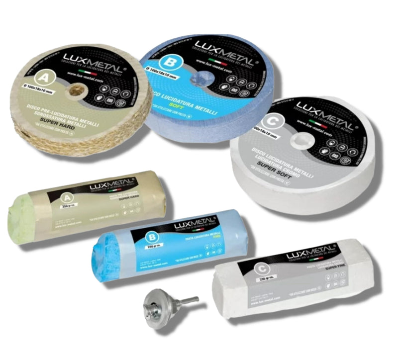 3 Polishing Paste 250 g - 3 Polishing Discs 100 mm, Polishing Set DIY Kit Sanding Paste Metal, Aluminium, for Drill, Stainless Steel, Brass, Copper, Wood, Plastic, Grinding Machines, Knives