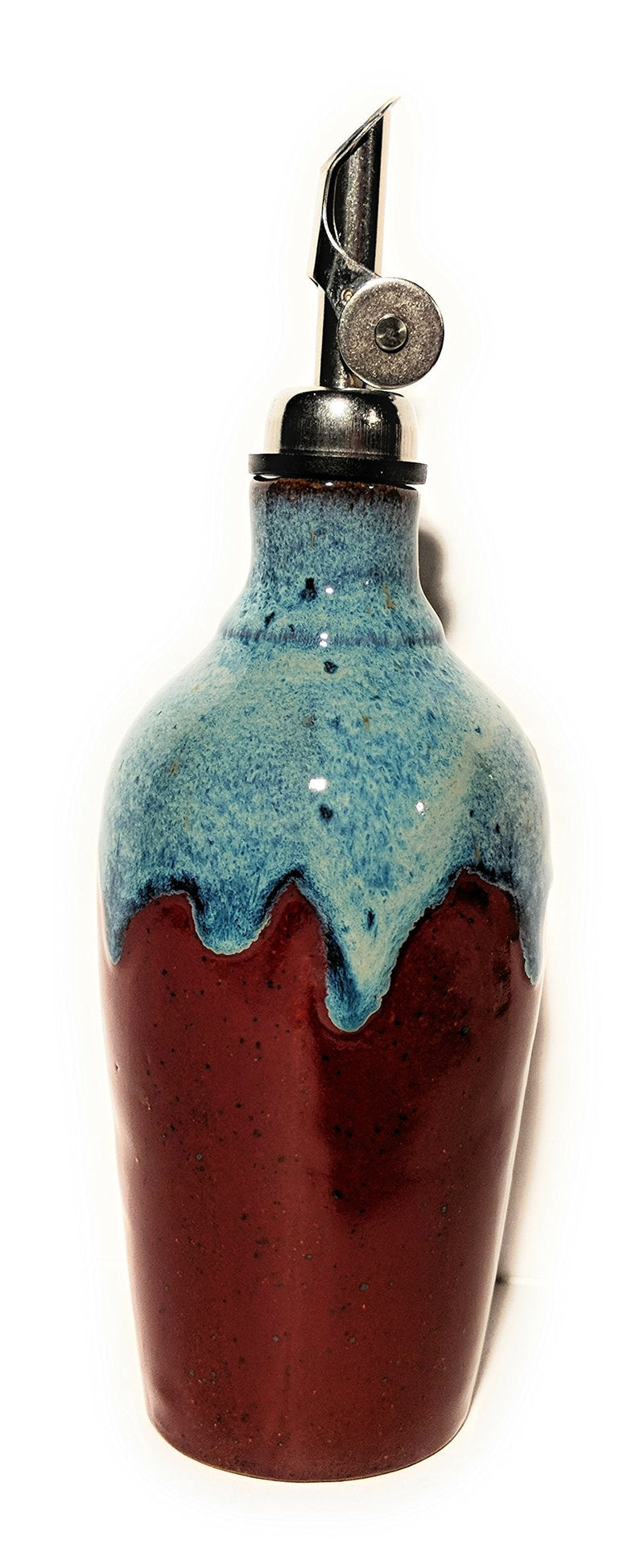 Small Oil or Vinegar Bottle in Red Firebrick with Blue highlights