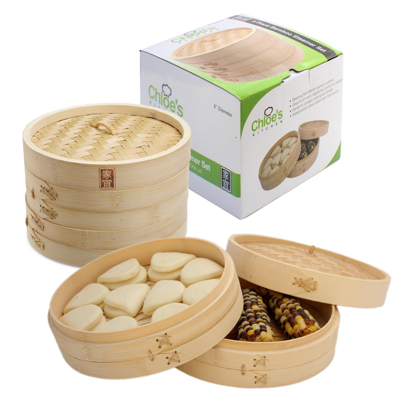 Zoie + Chloe Bamboo Steamer Basket - 2-Tier Dumpling Steamer for Cooking with 2 Reusable Cotton Liners for Bao, Dim Sum, Veggies, Asian Steamed Buns -Stackable, Space-Efficient - 8-Inch Steam Basket 8 INCH