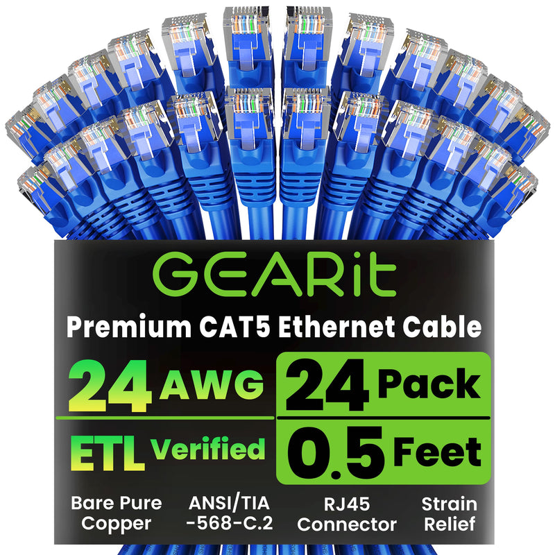 GearIT 24-Pack, Cat5e Ethernet Patch Cable 0.5 Feet - Snagless RJ45 Computer LAN Network Cord, Blue - Compatible with 24 48 Port Switch POE Rackmount 24port Gigabit 0.5 Feet (24-Pack)
