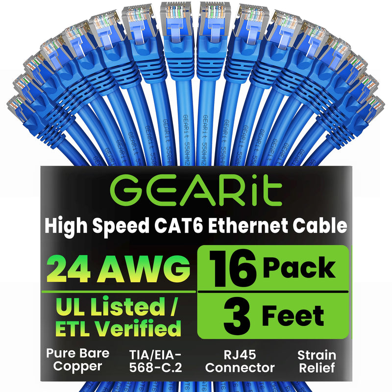 GEARit Cat 6 Ethernet Cable Pack - 16-Pack 3 ft Cat6 Ethernet Patch Cables | RJ45 Network Patch Cable, 10 Gbps Snagless Gold-Plated Connectors - Ethernet Cable Cat 6 for PC, TV, Router - Blue 3 Feet
