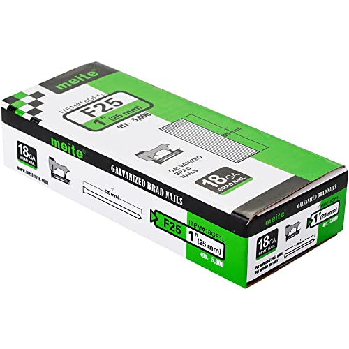 meite 18 Gauge Brad Nails 1-Inch Length F25, Galvanized Finish Ideal for Upholstery, Trims, Woodworking 5,000 PCS/Box (1 Box) 1 Inch 1 Box