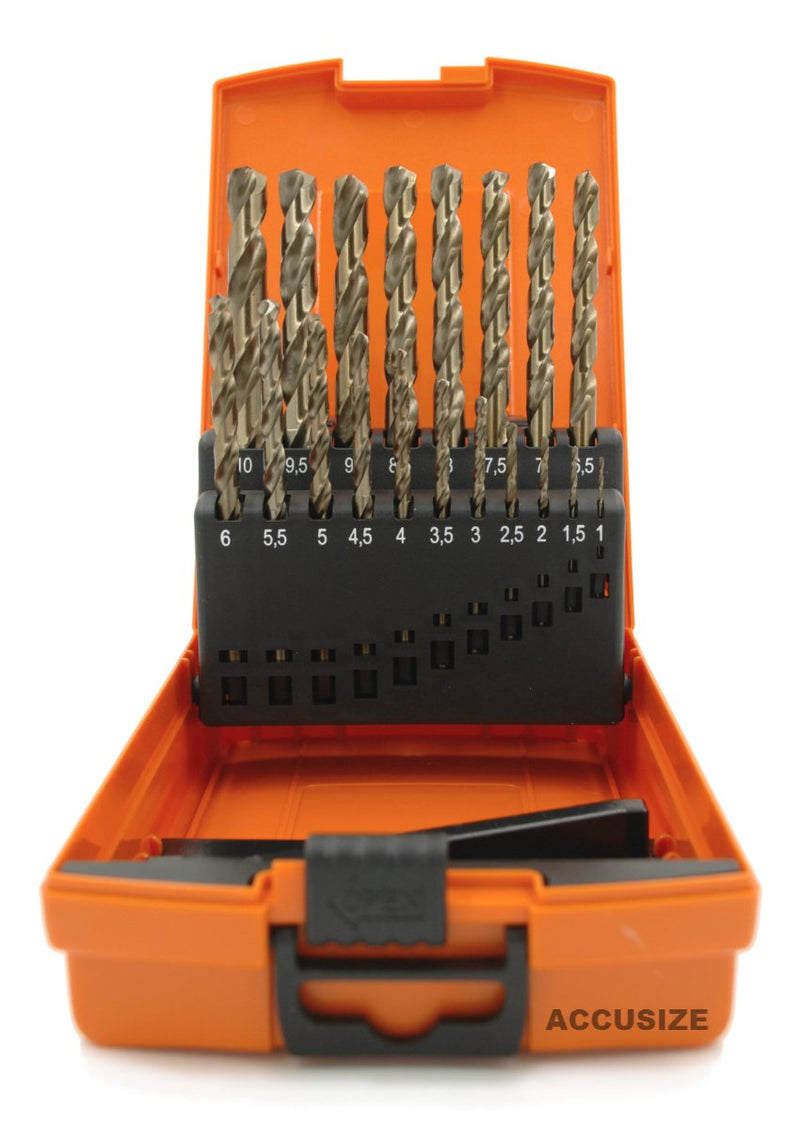 Accusize Industrial Tools M35 H.S.S. Plus 5% Cobalt Metric Drill Set, 135 Deg Split Point, 1 to 10mm by 0.5mm in Plastic Box, 3110-1119 1 to 10mm by 0.5mm, 19 pcs