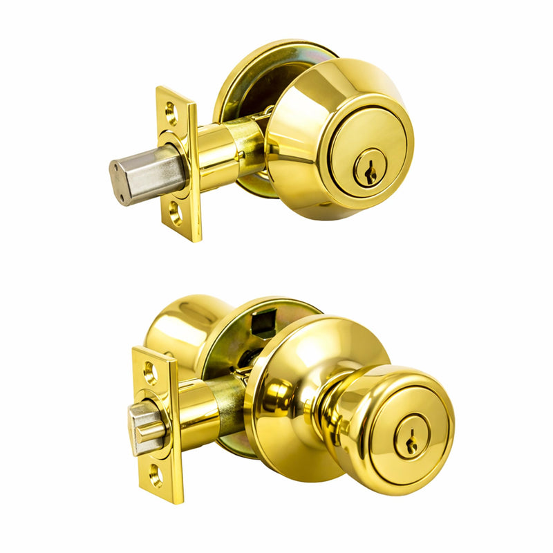 Design House 728329 Terrace 6-Way Universal Entry Door Knob and Single Cylinder Deadbolt Polished Brass Keyed Entry with Deadbolt