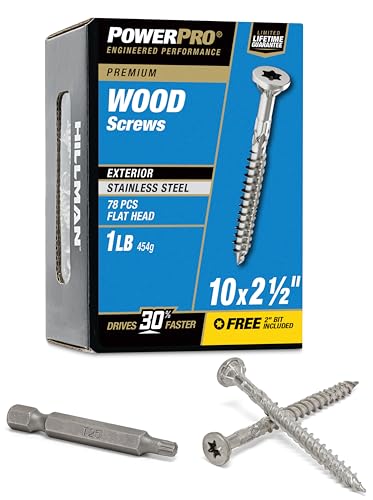 Power Pro 48622 Wood Screws, #10 x 2-1/2", Premium Stainless Marine Screws, Rust Resistant, Stainless Steel, 1lb Box, 79 pcs #10 x 2-1/2" Silver 78