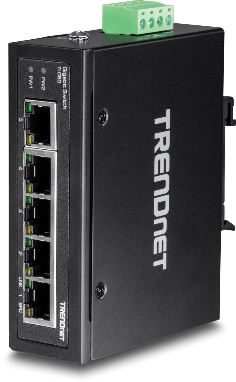 TRENDnet 5-Port Hardened Industrial Gigabit DIN-Rail Switch, 10 Gbps Switching Capacity, IP30 Rated Network Switch (-40 to 167 ºF), DIN-Rail and Wall Mounts Included, Lifetime Protection,Black,TI-G50 5 Port Switch
