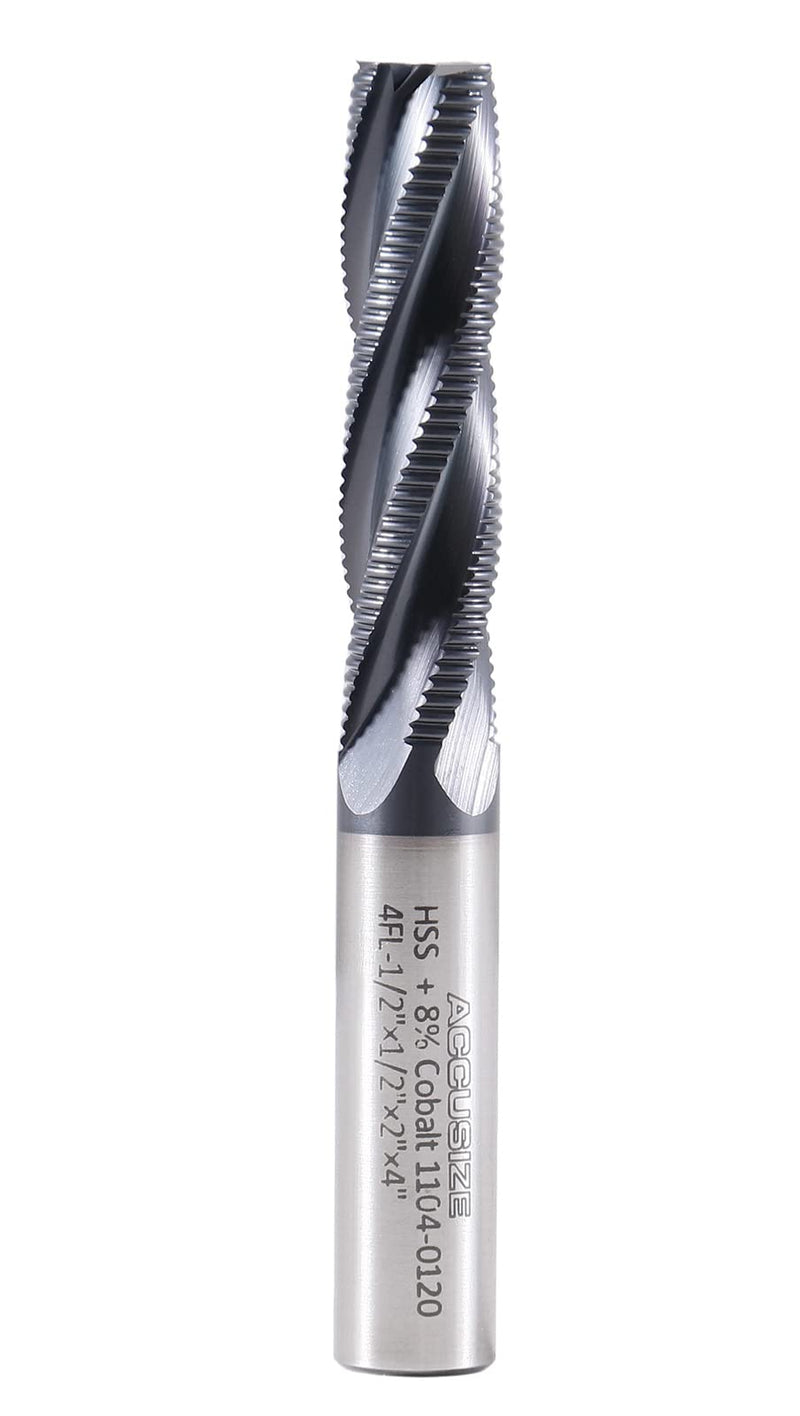 Accusize Industrial Tools 1/2'' Fine Tooth M42 8% Cobalt Tialn Roughing End Mill, 1/2'' Shk Dia, 2'' Flute Length, 4'' Oal, 4 Flute, 1104-0120 | Fine Tooth, M42 8% Cobalt, TiAlN Coated, 4" OAL, Single End, Center Cutting